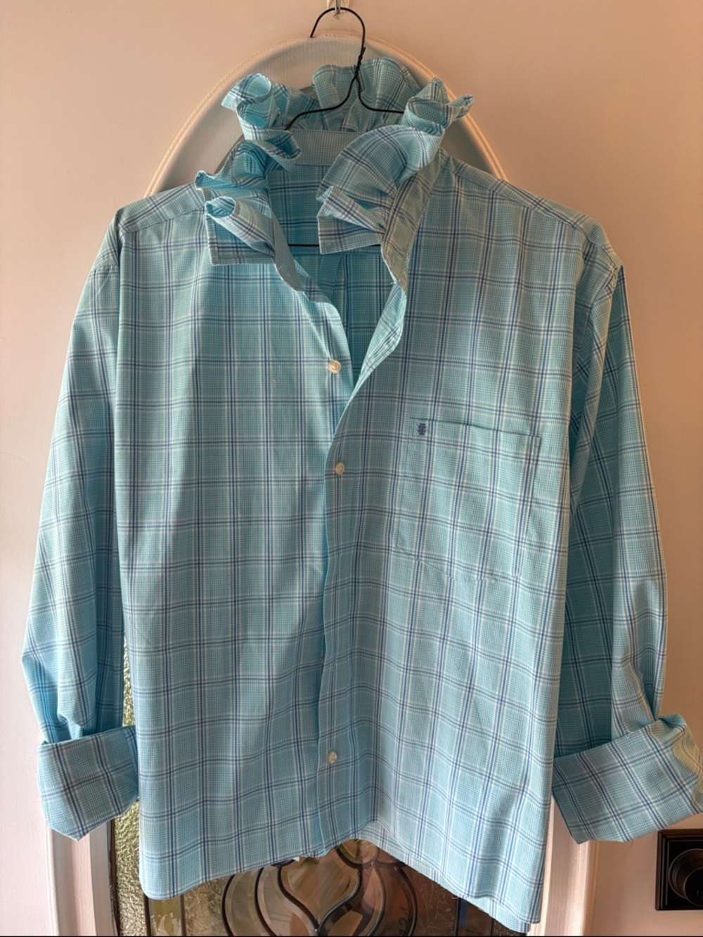 Izod up-cycled ruffle collar shirt Light Blue Plaid Button-Down Shirt